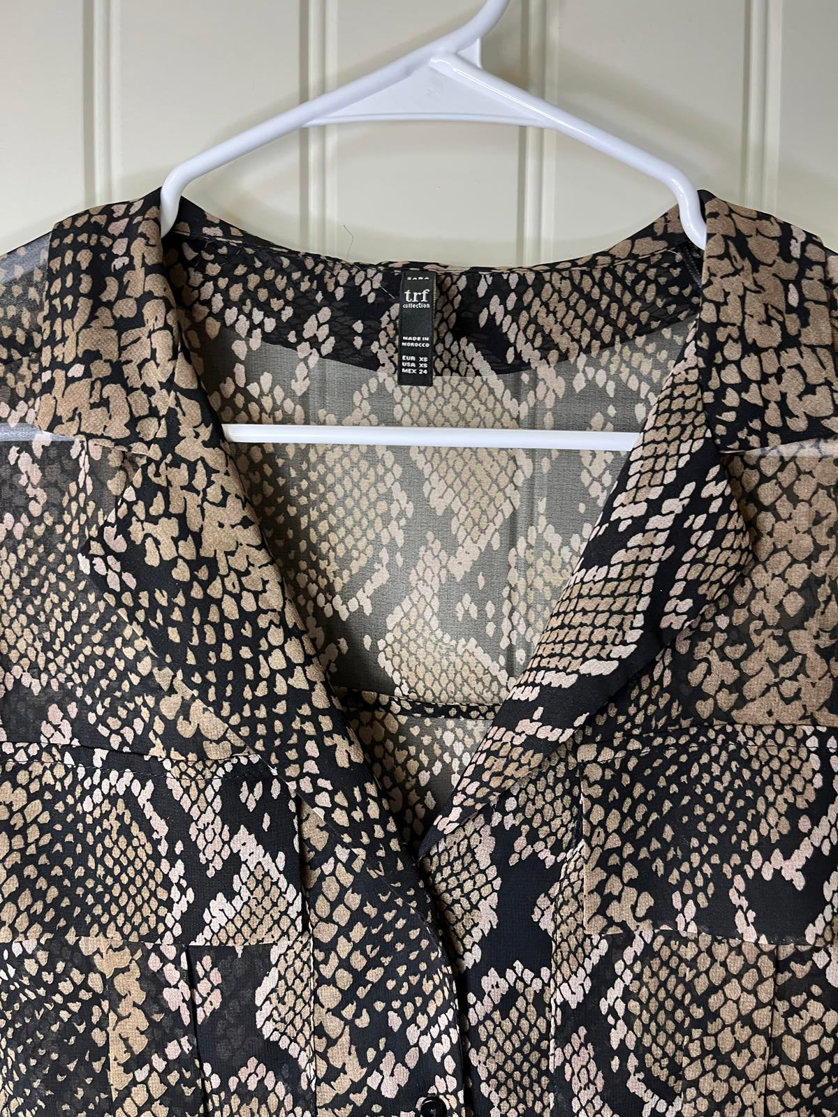 Zara Chic Snakeskin Print Sheer Blouse Long Sleeves Pockets Tan Black Size XS
