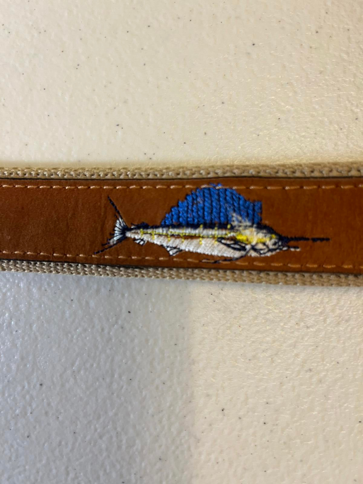 World Wide Sportsman Brand Luxury Leather Belt with Embroidered Marlins 34"