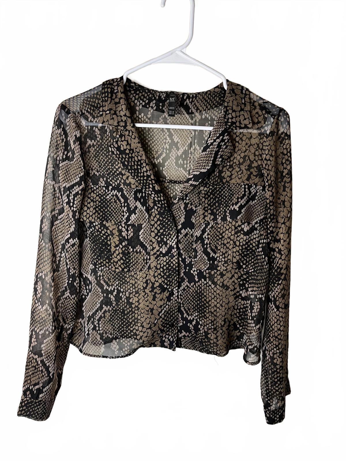 Zara Chic Snakeskin Print Sheer Blouse Long Sleeves Pockets Tan Black Size XS
