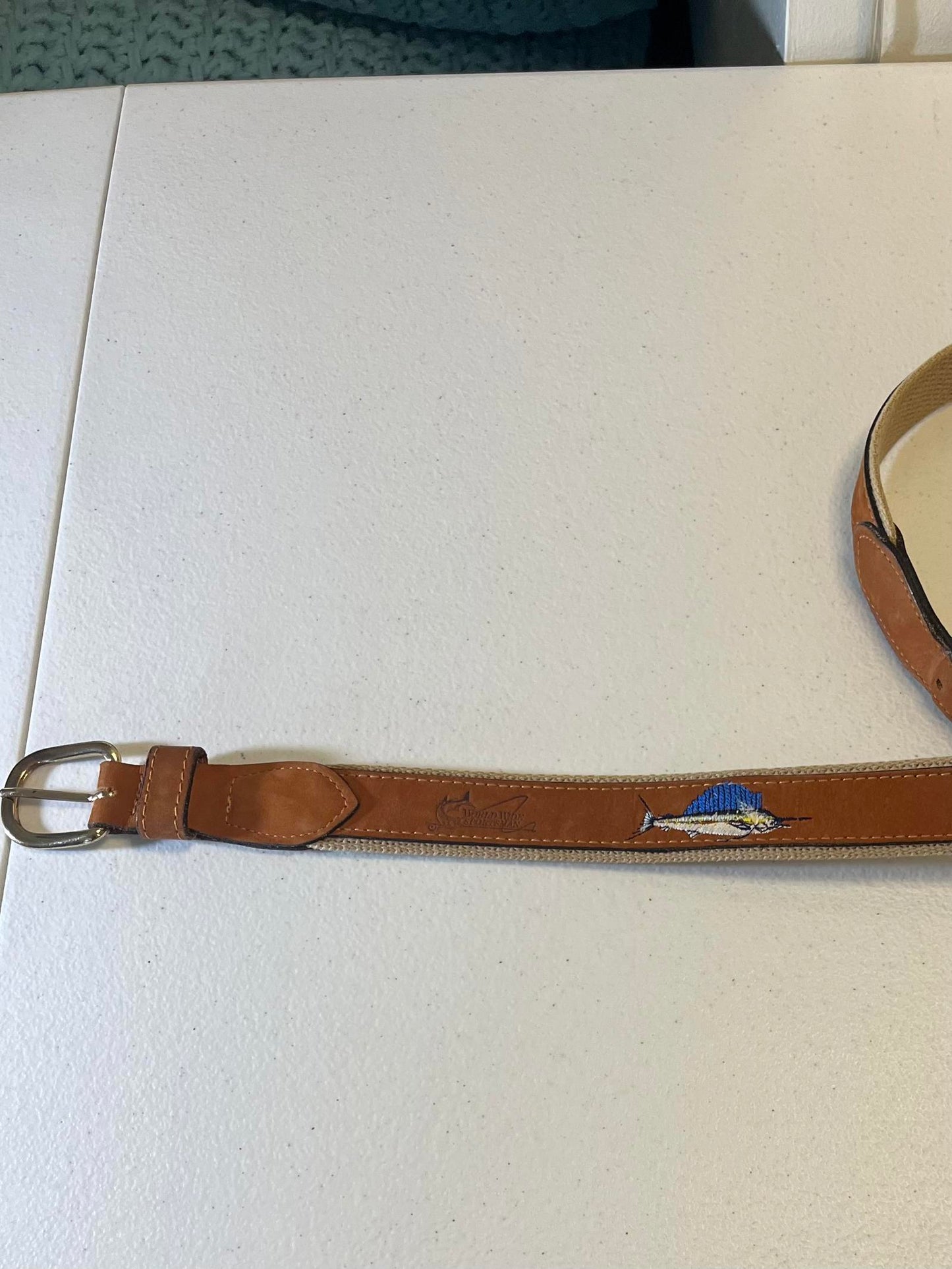 World Wide Sportsman Brand Luxury Leather Belt with Embroidered Marlins 34"