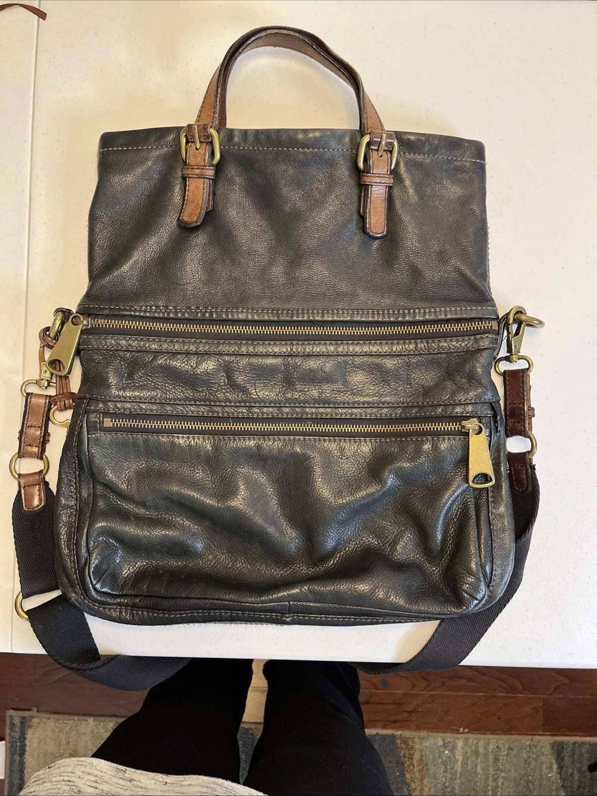 Fossil Explorer Black Leather Foldover Large Shoulder Bag Tote Purse VTG Flaw