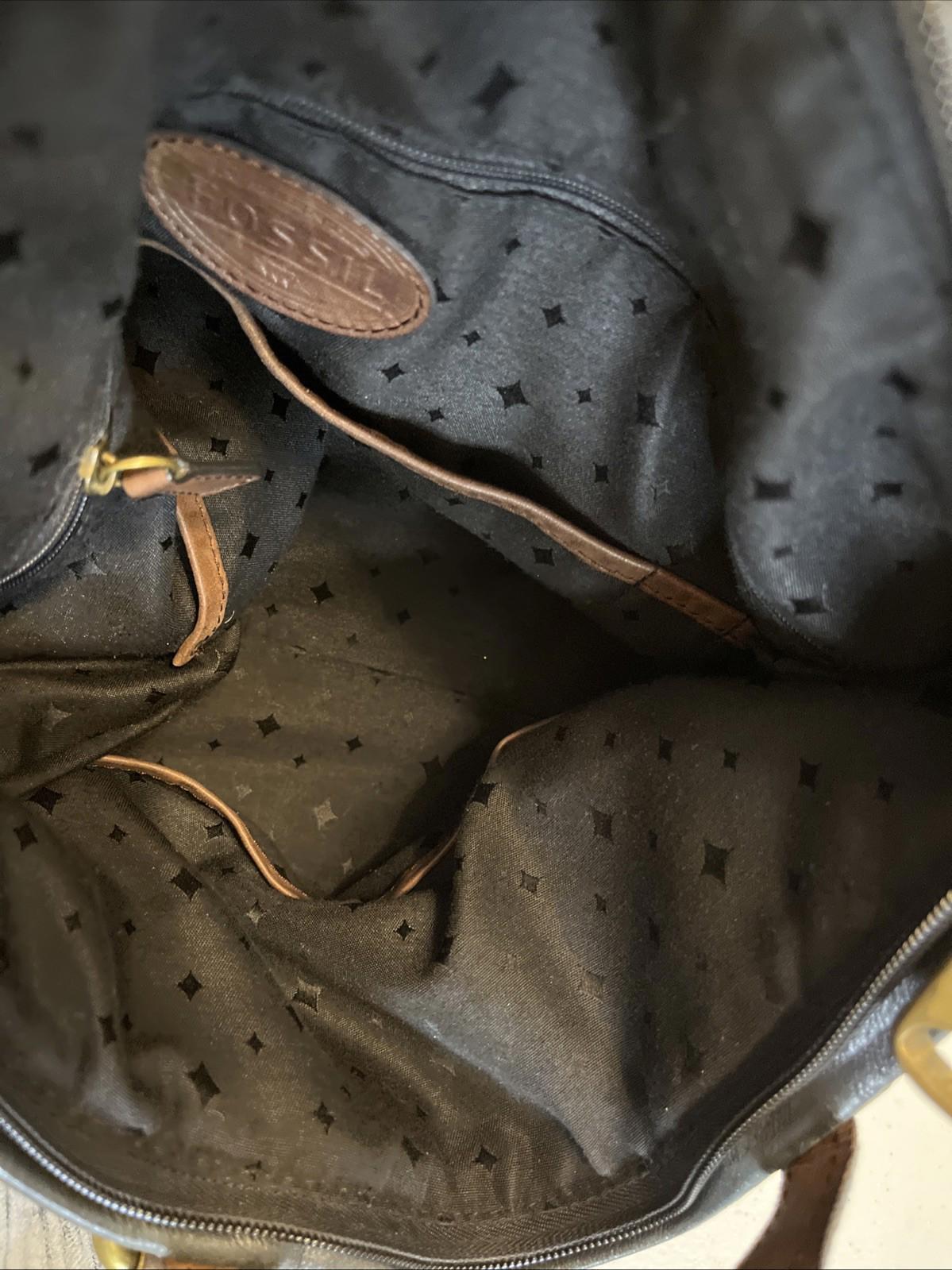 Fossil Explorer Black Leather Foldover Large Shoulder Bag Tote Purse VTG Flaw