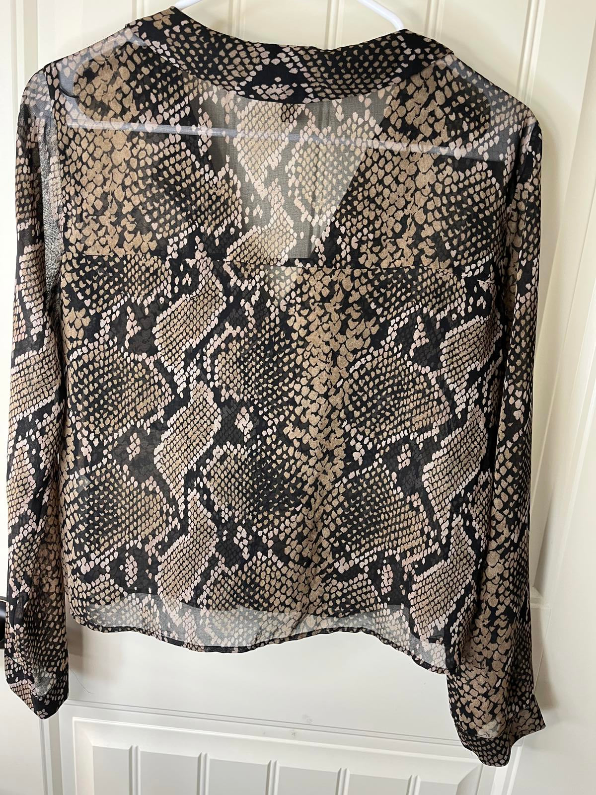 Zara Chic Snakeskin Print Sheer Blouse Long Sleeves Pockets Tan Black Size XS