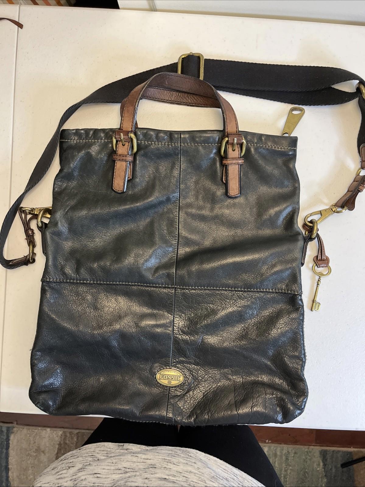 Fossil Explorer Black Leather Foldover Large Shoulder Bag Tote Purse VTG Flaw
