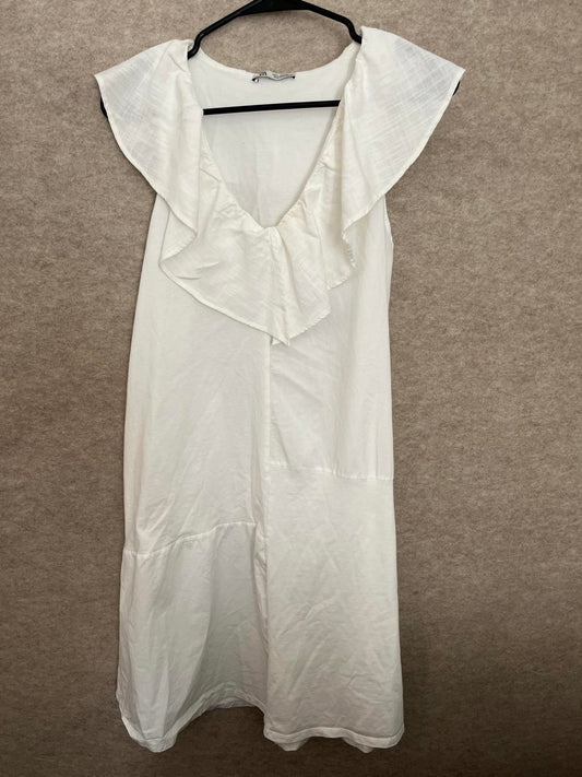 Zara White Ruffled V-neck Sleeveless Cotton Dress Size Small