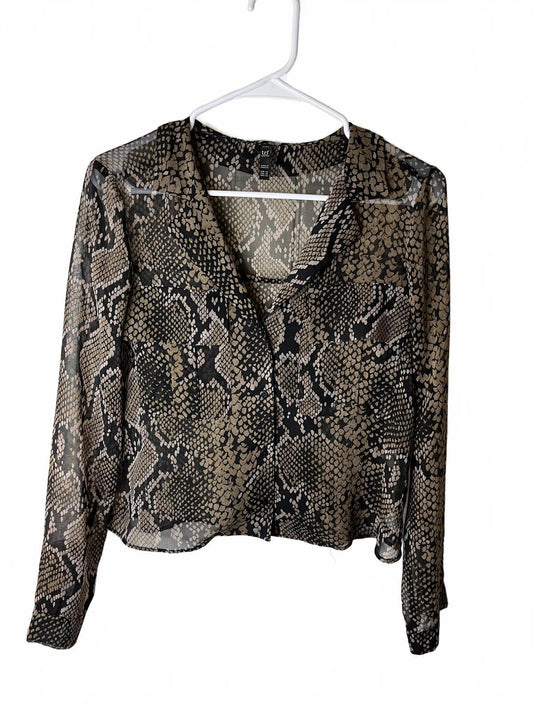 Zara Chic Snakeskin Print Sheer Blouse Long Sleeves Pockets Tan Black Size XS
