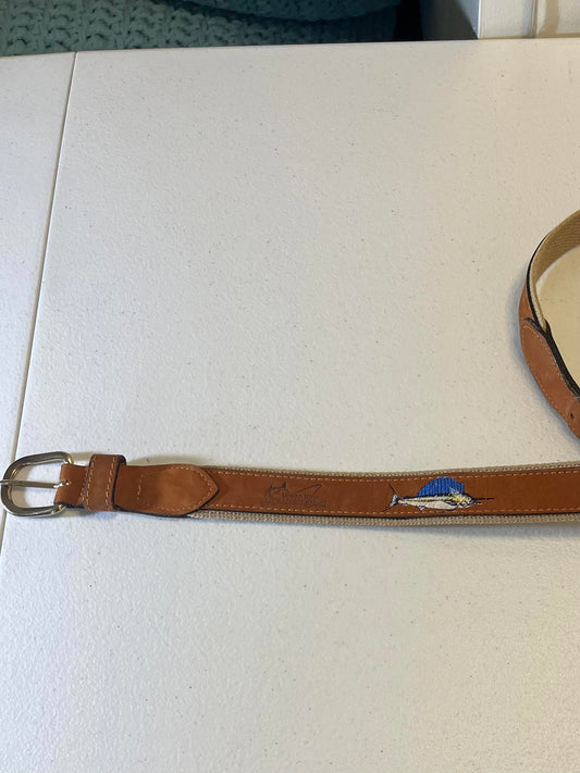 World Wide Sportsman Brand Luxury Leather Belt with Embroidered Marlins 34"